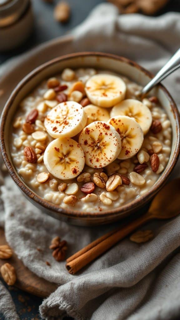 A bowl of oatmeal topped with banana slices, nuts, and cinnamon on a linen cloth.