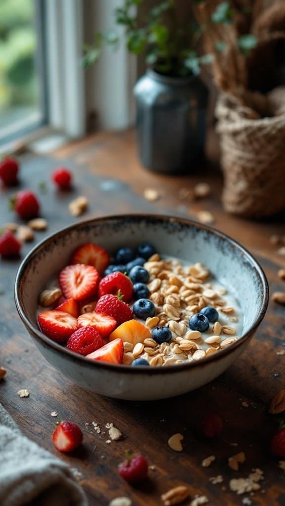 A bowl of oatmeal topped with strawberries, blueberries, and nuts on a wooden table.