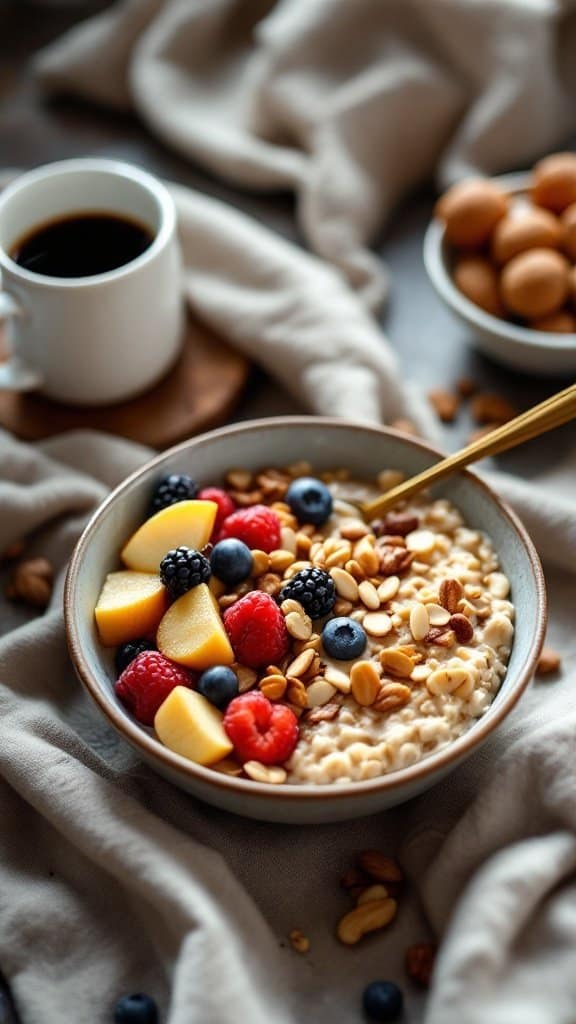 A bowl of oatmeal topped with fresh fruits and nuts, accompanied by a cup of coffee.