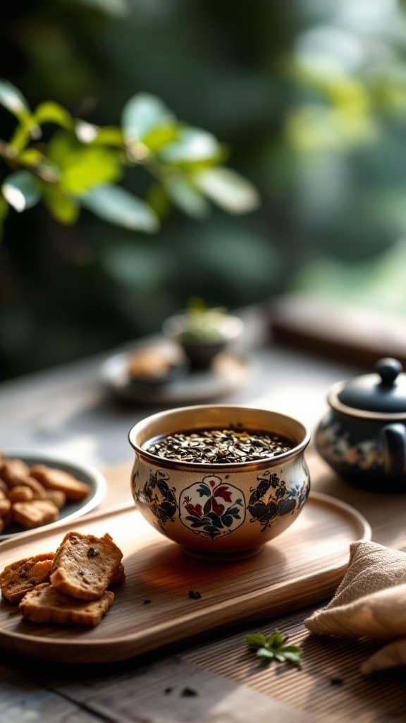 A beautifully decorated bowl of oolong tea with snacks on a wooden tray.