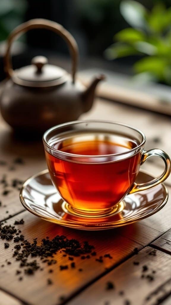 A cup of Oolong tea with a teapot in the background, surrounded by dry tea leaves on a wooden table.
