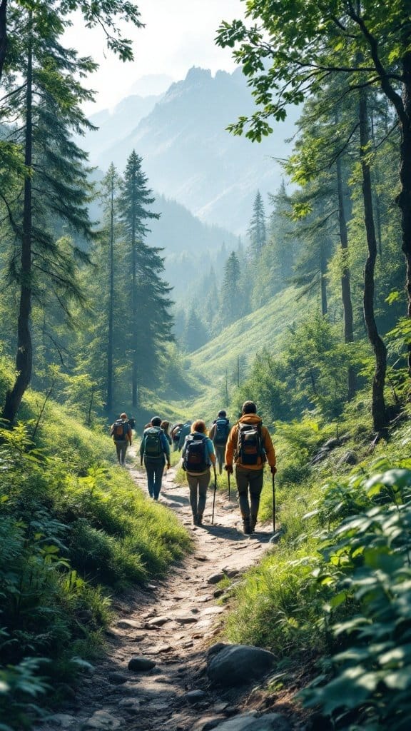 Group of hikers walking on a forest trail surrounded by trees and mountains.