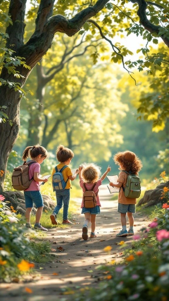 Children on a scavenger hunt in a vibrant outdoor setting