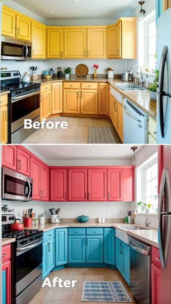 Before and after image of kitchen cabinets, showing a transition from yellow to vibrant pink and blue.