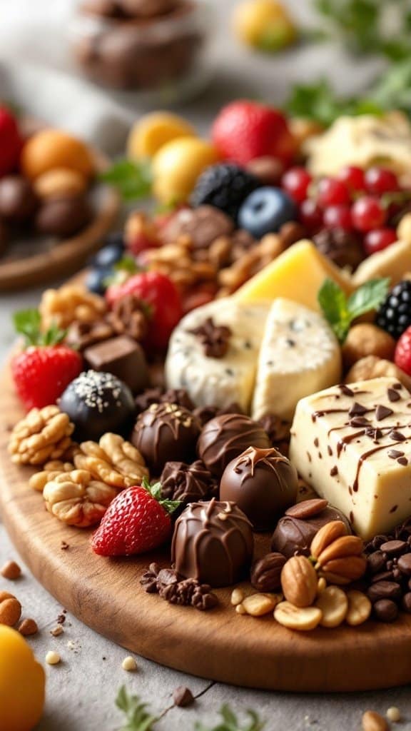 A variety of chocolates, nuts, strawberries, and blueberries arranged on a dark surface.