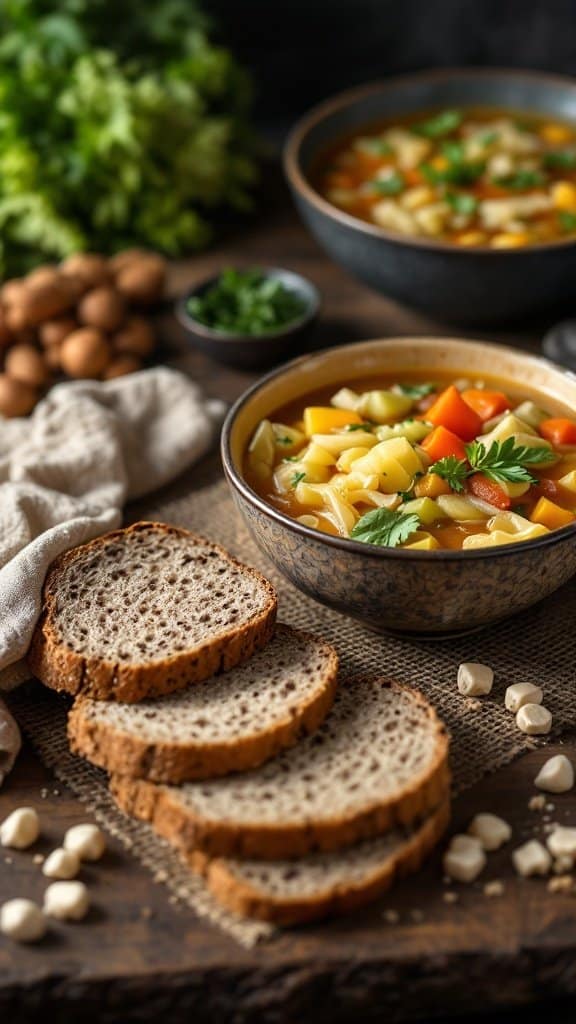 A bowl of cabbage soup surrounded by slices of whole grain bread and fresh ingredients.