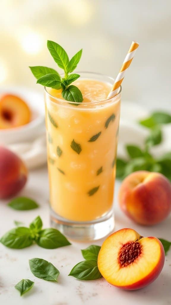 A refreshing glass of Peach and Basil Cooler with peaches and basil leaves on a light background
