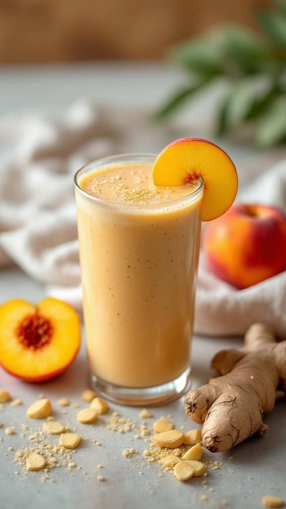 A glass of peach and ginger smoothie, garnished with a peach slice, surrounded by fresh peaches and ginger root.