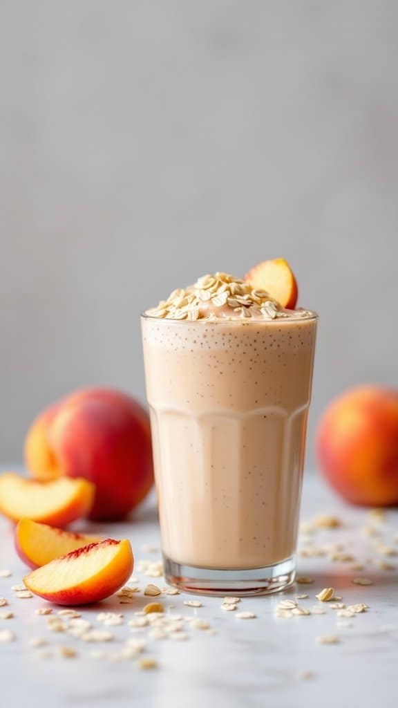 A refreshing Peachy Keen Smoothie with oats in a glass, garnished with peach slices and surrounded by fresh peaches.