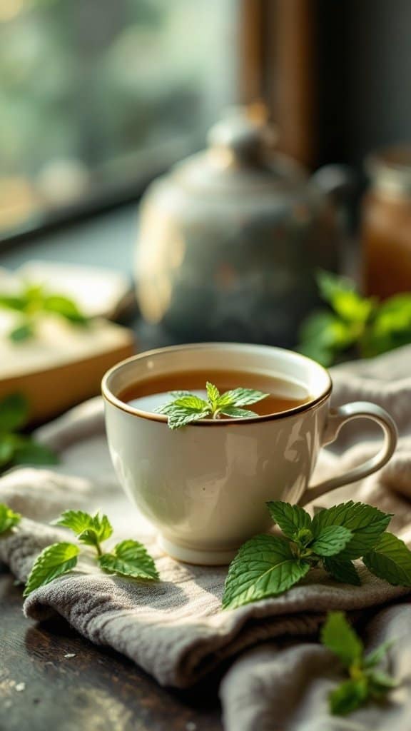A cozy cup of peppermint tea with fresh mint leaves on a rustic table.