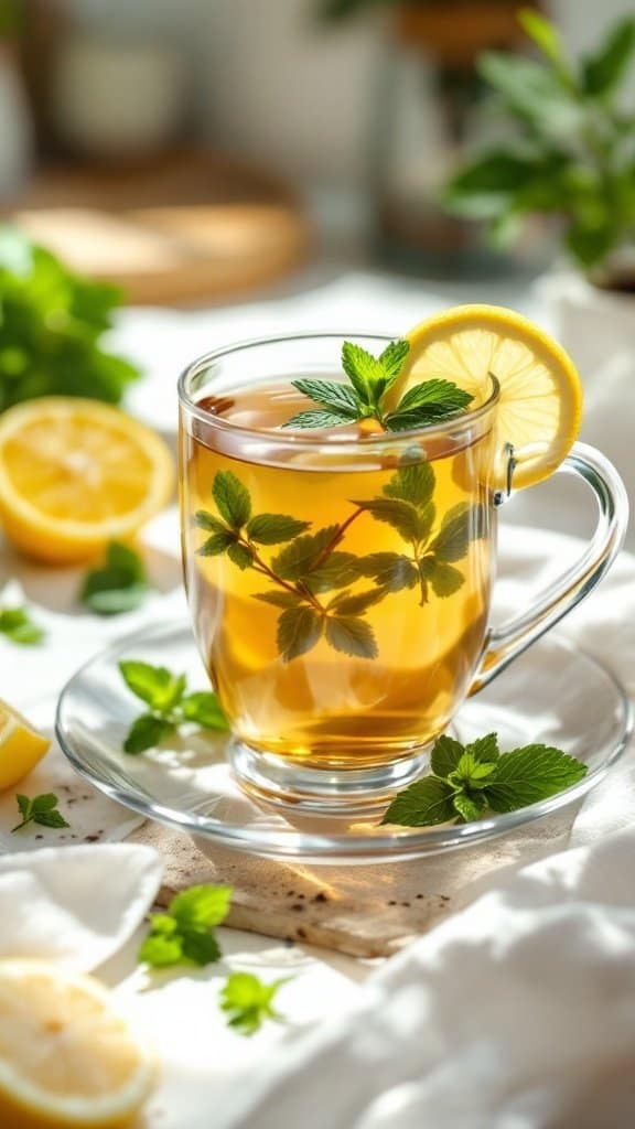 A glass of peppermint tea with lemon and fresh mint leaves.