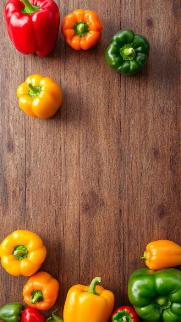 A variety of colorful peppers including red, yellow, orange, and green on a wooden surface.