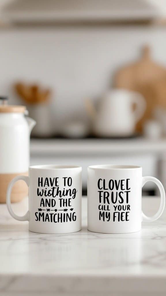 Two personalized mugs with playful phrases