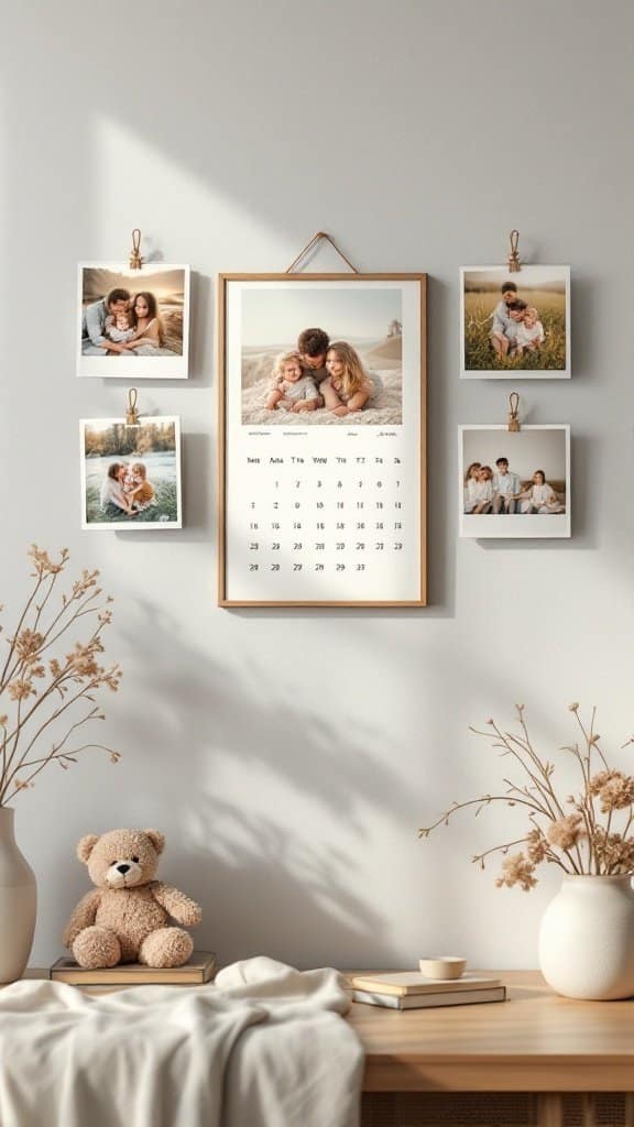 A personalized photo calendar with family pictures hanging on a wall, alongside a teddy bear and dried flowers on a table.