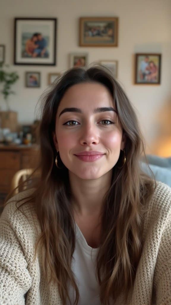 A young woman smiling warmly at the camera, in a cozy setting with family photos in the background.