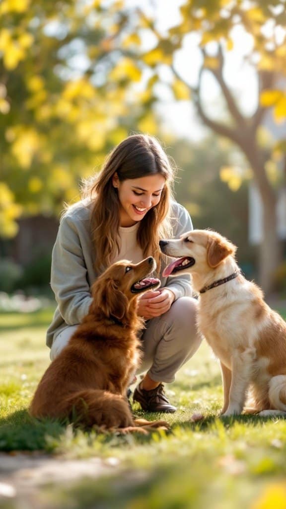 A young woman smiling and interacting with two dogs in a park