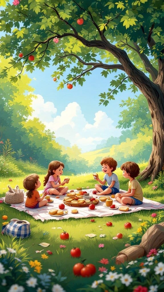 Children enjoying a picnic in a sunny park with snacks and laughter.