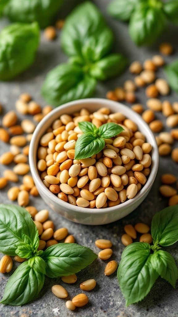 A bowl of pine nuts surrounded by fresh basil leaves on a textured background.