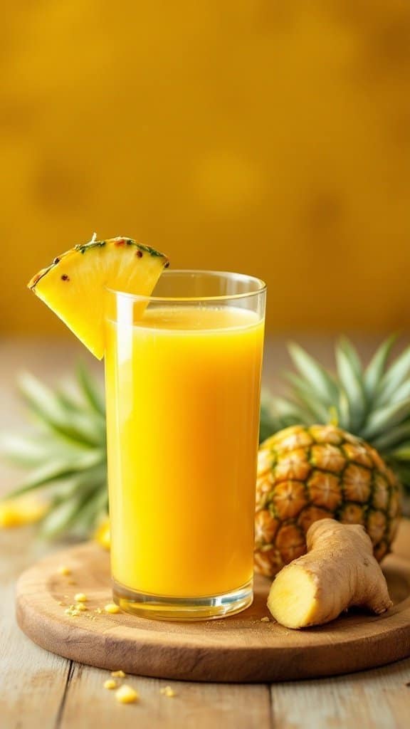 A glass of fresh pineapple ginger juice with a pineapple slice on the rim, sitting next to a whole pineapple and some ginger root.