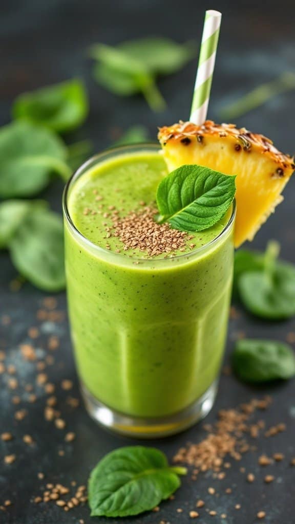 A green pineapple spinach smoothie with flaxseed, garnished with a slice of pineapple and mint, set against a dark background.
