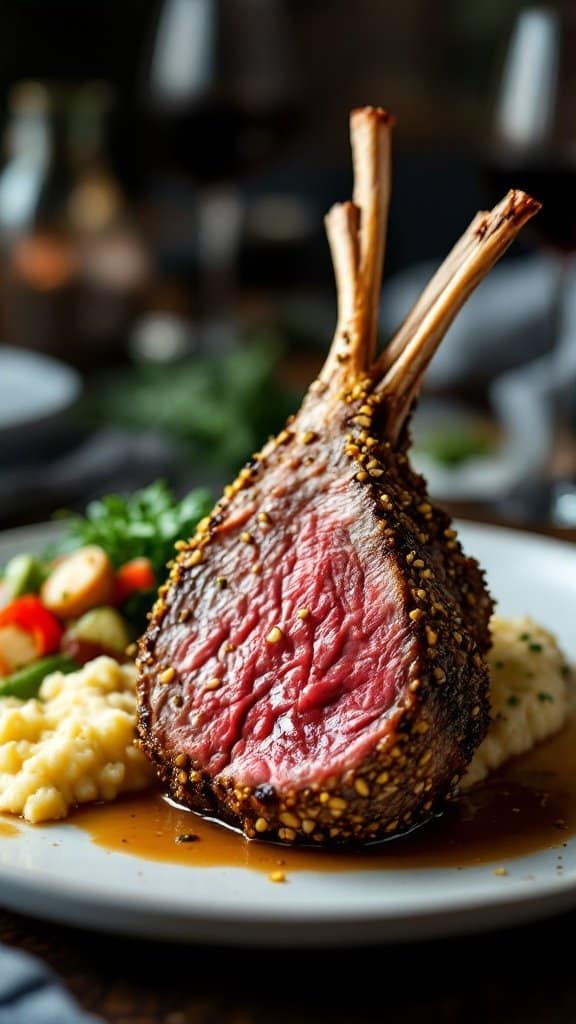 A beautifully plated pistachio-crusted rack of lamb with mashed potatoes and vegetables
