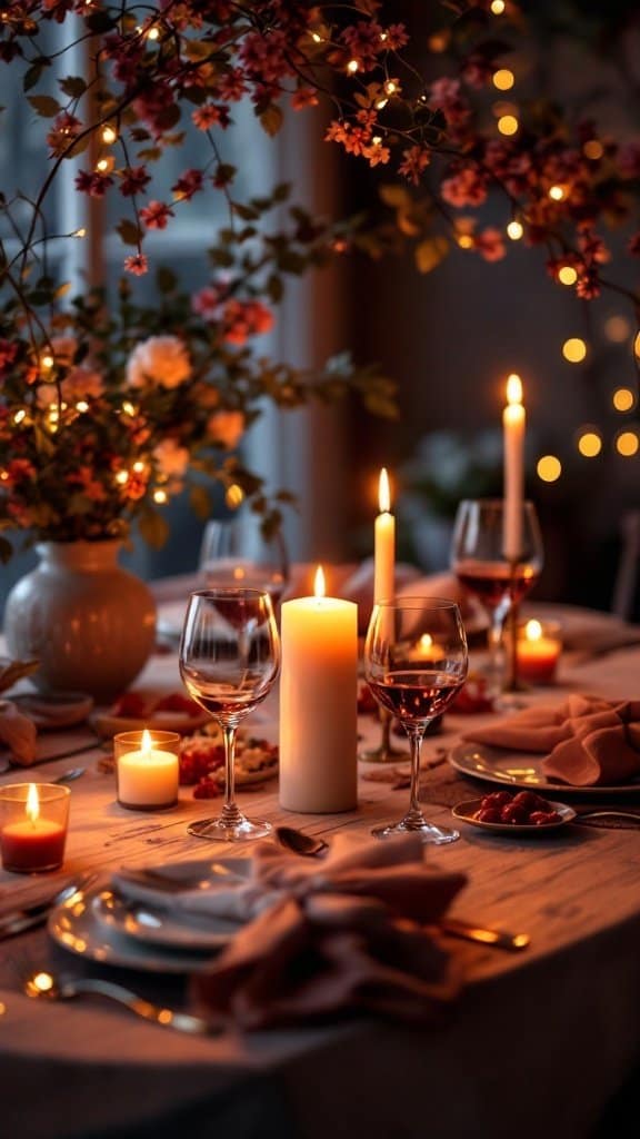 Cozy dining setup with candles and flowers for a romantic date night.