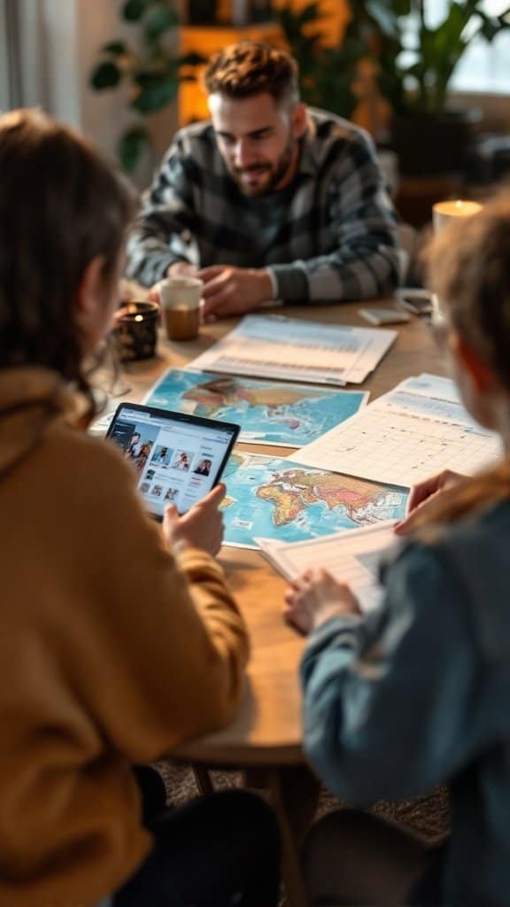 A group planning future visits with a map and digital device on a table.