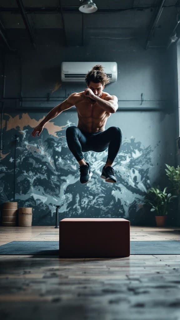 A person performing a box jump exercise in a gym setting.