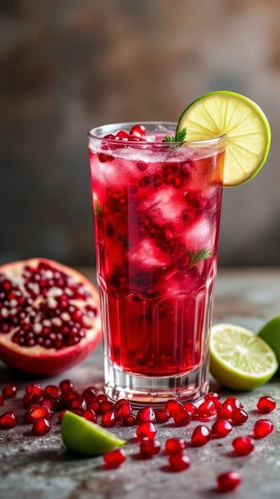 A glass of Pomegranate and Lime Revive Juice garnished with lime and surrounded by fresh pomegranate and lime halves.