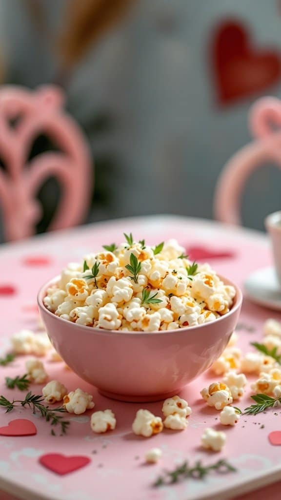 A bowl of popcorn seasoned with herbs, placed on a pink table decorated with hearts.