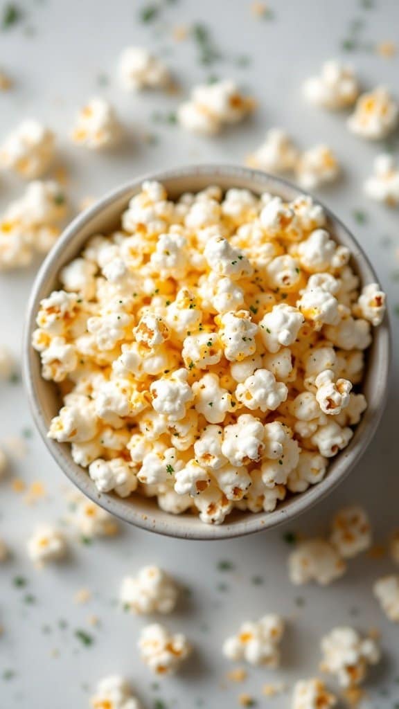 A bowl of popcorn seasoned with nutritional yeast, surrounded by loose popcorn pieces on a light surface.