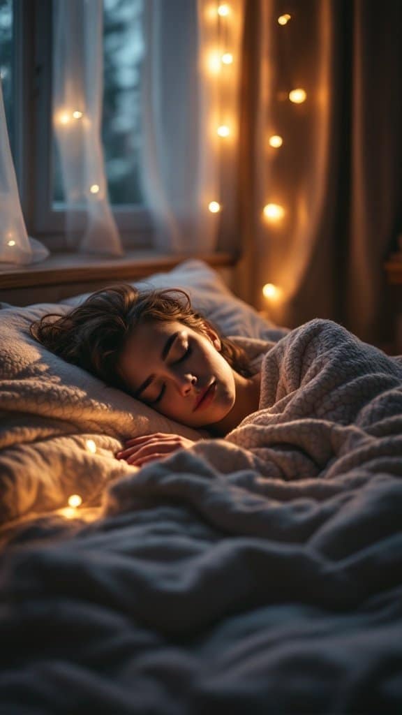 A person sleeping peacefully on a bed, surrounded by soft blankets and warm lights.