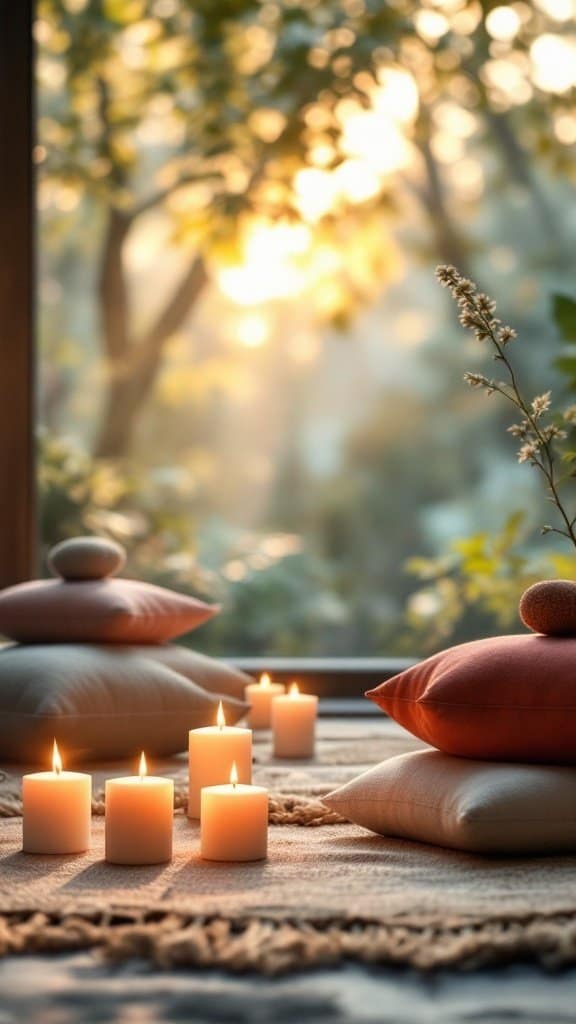 A tranquil setting with candles and cushions, perfect for mindfulness and meditation.