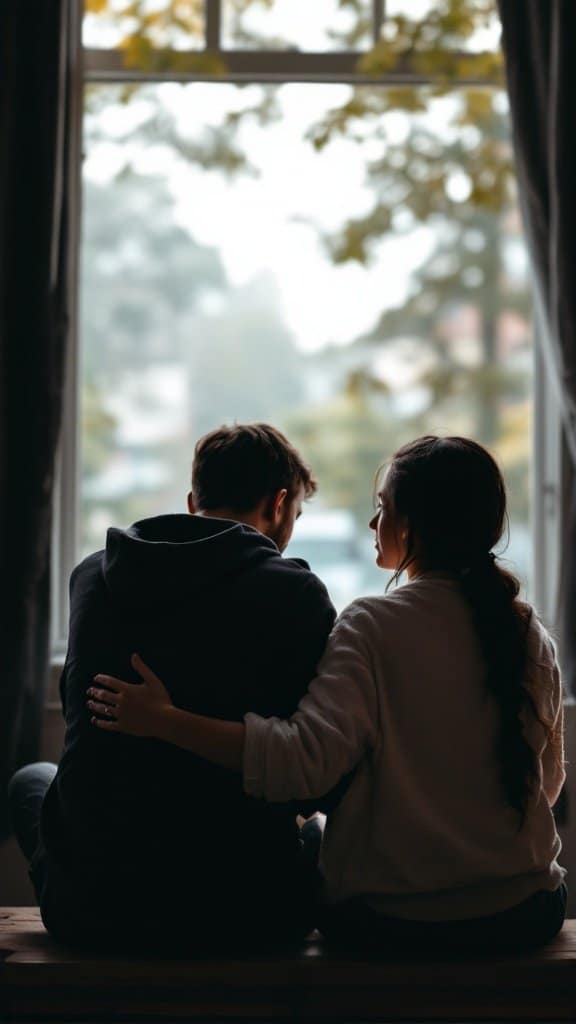 Two friends sitting together by a window, sharing a moment of connection and support.
