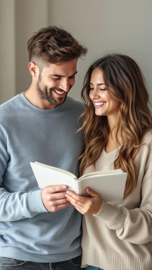 A couple smiling and reading together, enjoying a moment of connection.