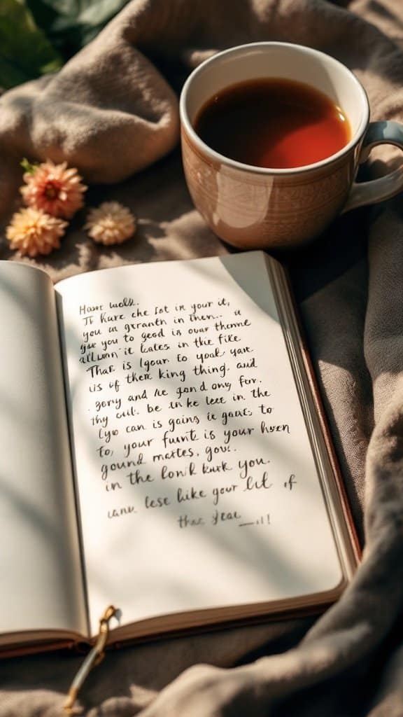 A cozy scene featuring a cup of tea next to an open notebook with handwritten notes, surrounded by soft textures and flowers.