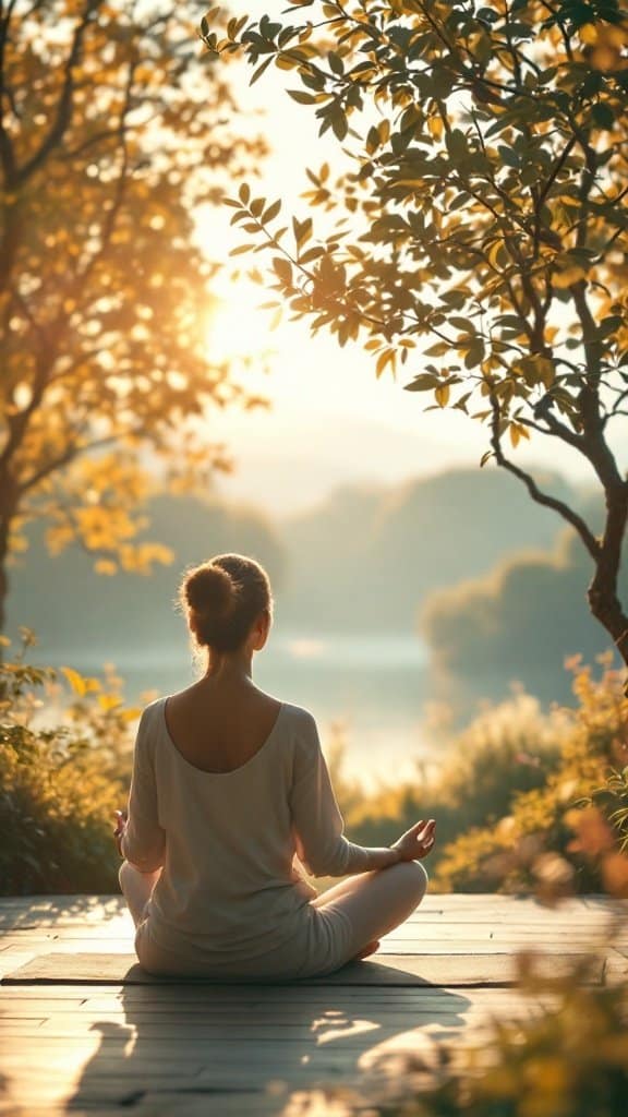 A person meditating outdoors surrounded by trees and sunlight