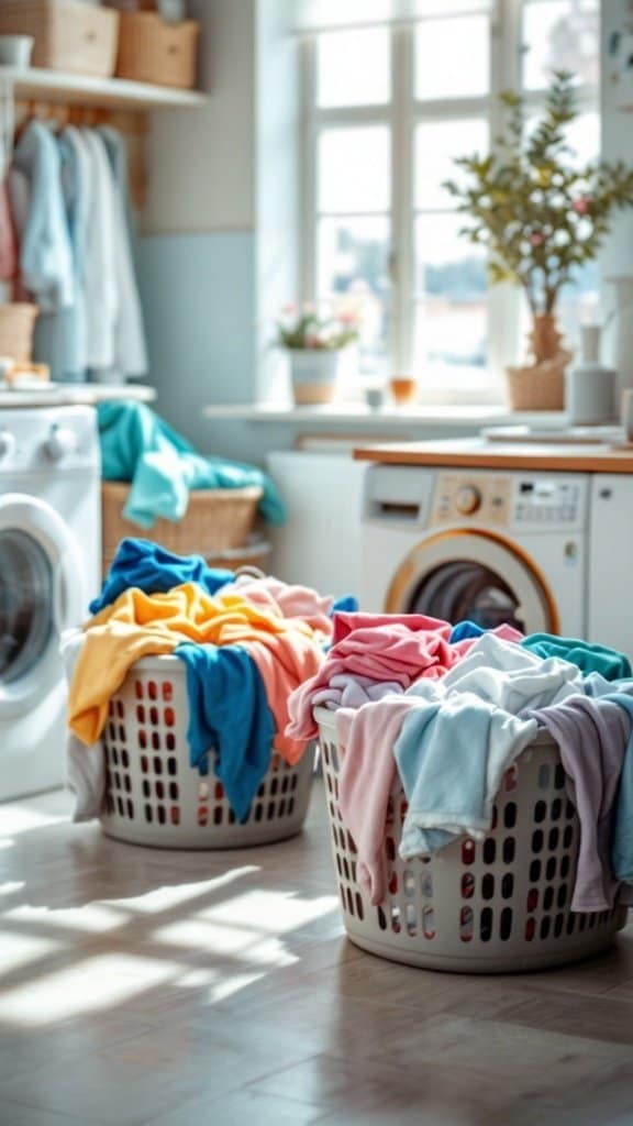Two laundry baskets filled with colorful clothes in a bright, organized laundry room