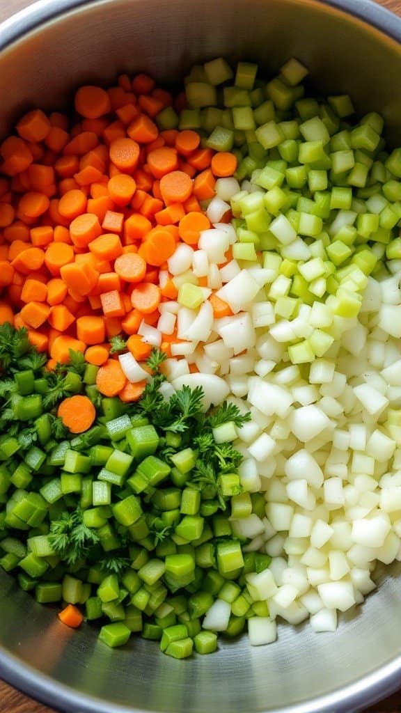 Chopped vegetables in a bowl, including carrots, celery, and onions, ready for soup preparation.