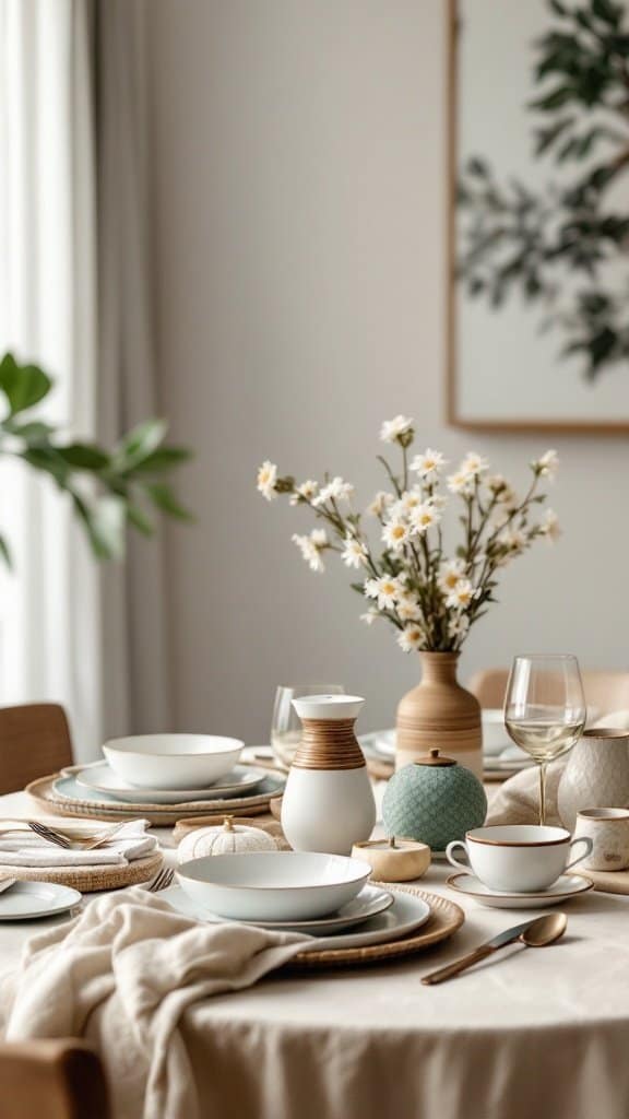 A minimalist table setting with elegant dishware and a floral arrangement.