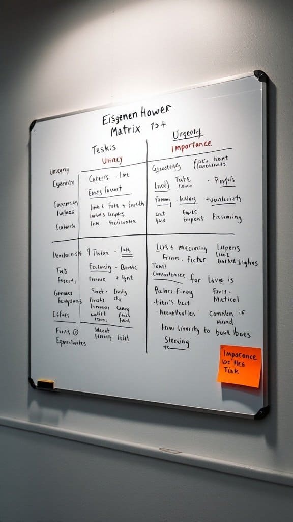 A whiteboard displaying the Eisenhower Matrix for prioritizing tasks based on urgency and importance.