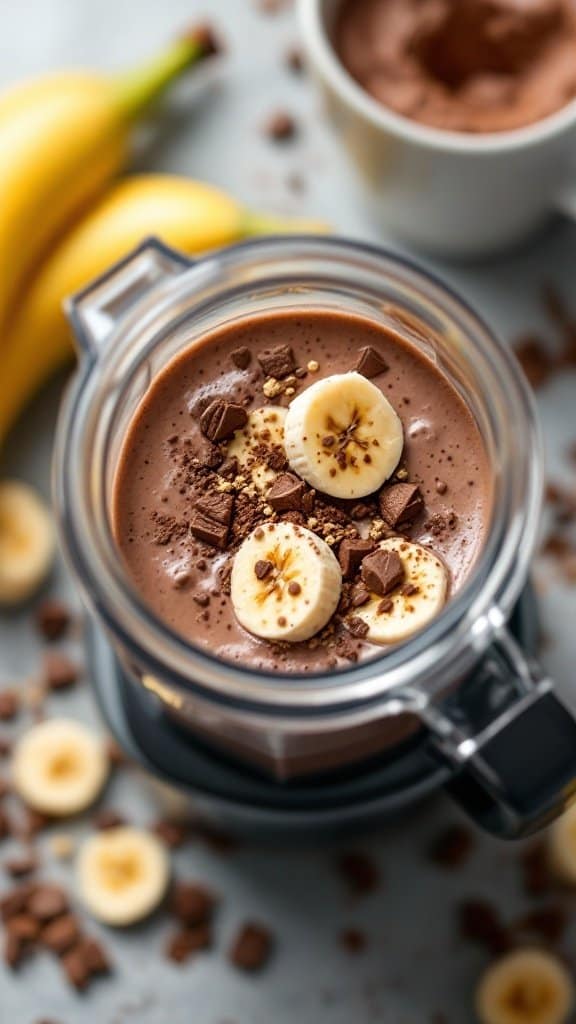 A close-up view of a chocolate banana smoothie topped with banana slices and chocolate pieces, with bananas in the background.