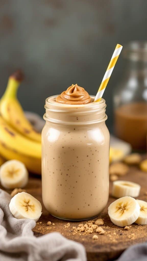 A creamy peanut butter banana smoothie in a jar with a yellow straw, topped with peanut butter, surrounded by sliced bananas and a gray cloth.