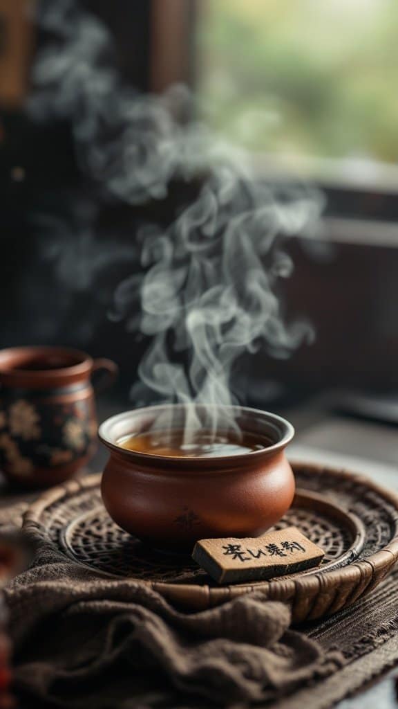 A warm cup of pu-erh tea with steam rising, sitting on a woven tray, conveying a sense of comfort and wellness.