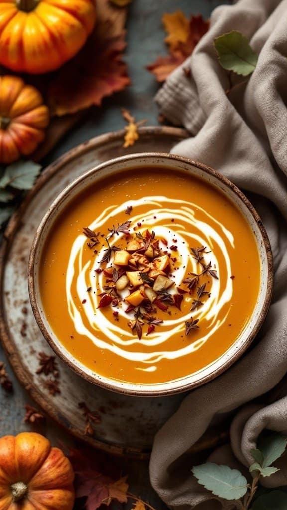 A bowl of pumpkin and apple soup garnished with cream, diced apples, and spices, surrounded by autumn leaves and pumpkins.