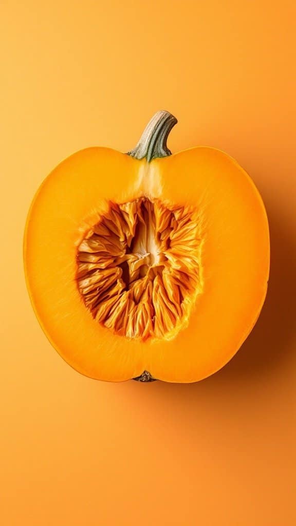 A bright orange halved pumpkin on a light orange background