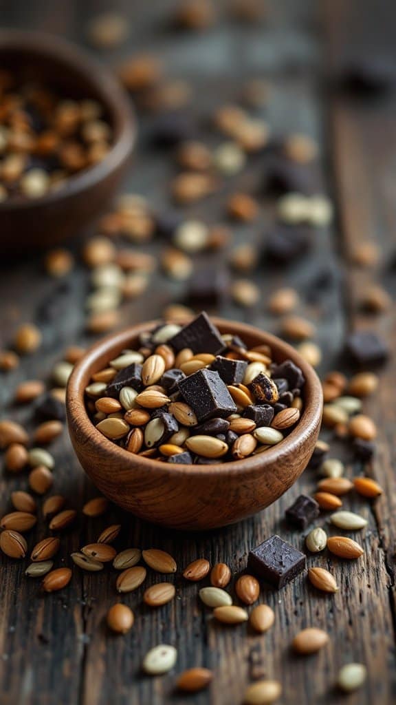 A wooden bowl filled with pumpkin seeds and dark chocolate pieces on a rustic wooden surface.