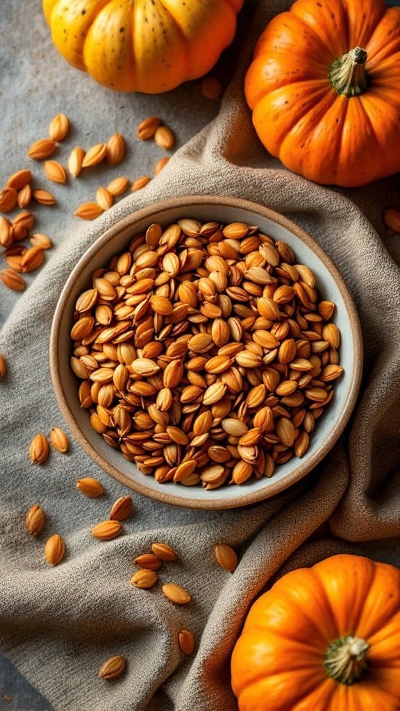 Bowl of pumpkin seeds with pumpkins in the background