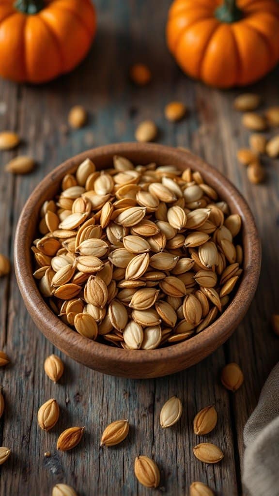 A bowl of roasted pumpkin seeds surrounded by small pumpkins on a wooden table.