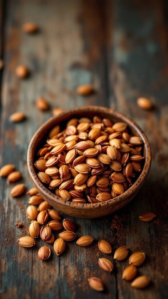 A bowl of pumpkin seeds with some scattered on a wooden table.